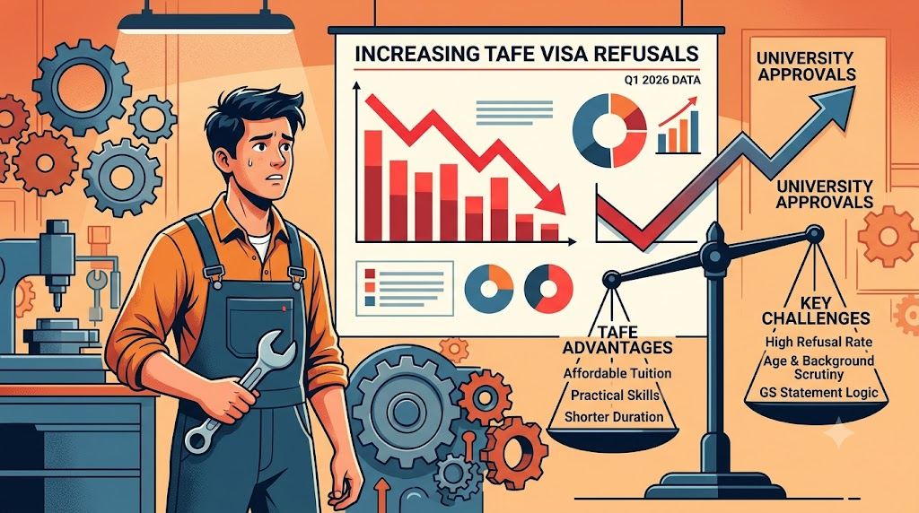 📊TAFE拒签率是大学的2.3倍?澳洲半工半读3条路,到底该怎么选TAFE Refusal Rates Are 2.3x Higher Than University — Which "Study + Work" Path Actually Fits You image