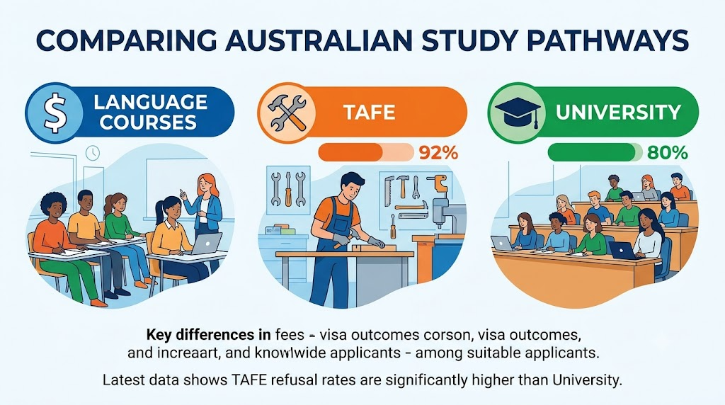📊TAFE拒签率是大学的2.3倍?澳洲半工半读3条路,到底该怎么选TAFE Refusal Rates Are 2.3x Higher Than University — Which "Study + Work" Path Actually Fits You image